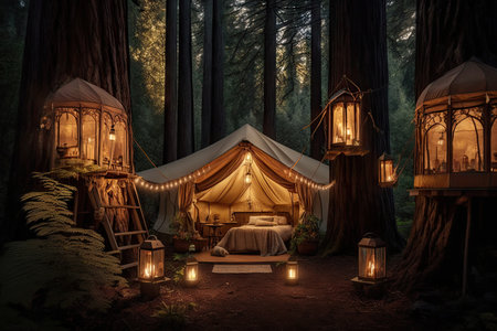 glamping setup with solar lights and lanterns, surrounded by tall trees, created with generative aiの素材