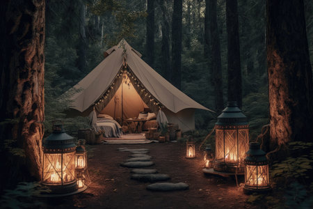 glamping setup with solar lights and lanterns, surrounded by tall trees, created with generative aiの素材