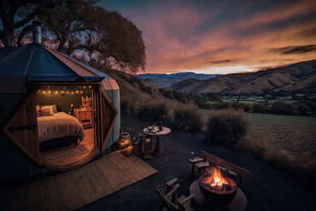 glamping hideaway with private hot tub and scenic view, created with generative aiの素材