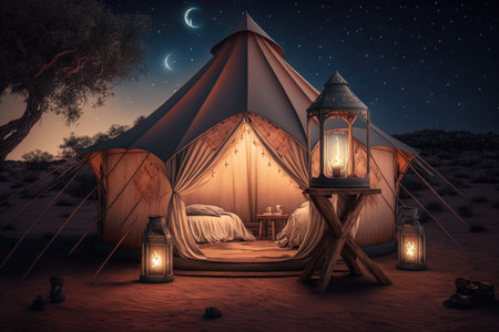glamping tent with lanterns and seating for a cozy night under the stars, created with generative aiの素材