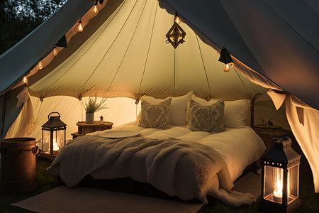 glamping tent with warm lanterns and luxurious bedding, surrounded by the great outdoors, created with generative aiの素材