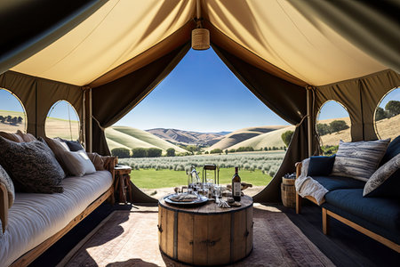 glamping tent with view of rolling hills and blue skies, created with generative aiの素材