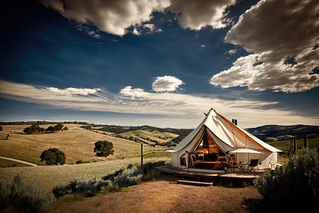 glamping tent with view of rolling hills and blue skies, created with generative aiの素材