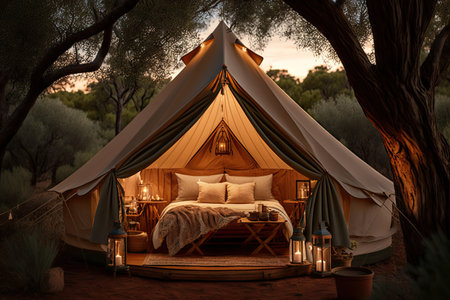 luxury glamping tent, with plush bedding and candlelight, surrounded by natural surroundings, created with generative aiの素材
