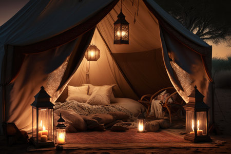 glamping tent with warm lanterns and plush blankets for a cozy nights sleep, created with generative aiの素材