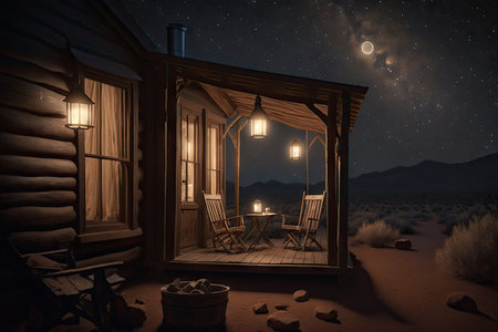 glamping cabin with lanterns, rocking chairs, and a view of the stars, created with generative aiの素材