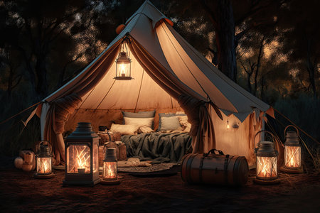 glamping tent with lanterns and candles for a warm, cozy atmosphere, created with generative aiの素材