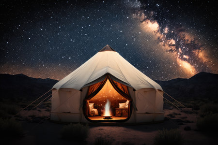 glamping tent with view of the night sky, surrounded by stars, created with generative aiの素材