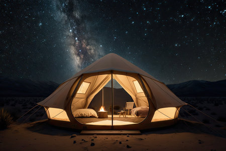 glamping tent with view of the night sky, surrounded by stars, created with generative aiの素材