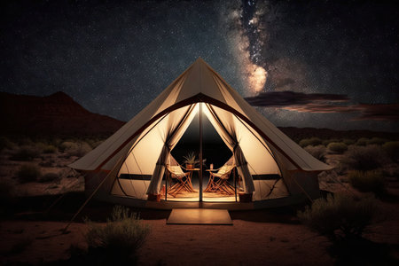 glamping tent with view of the night sky, surrounded by stars, created with generative aiの素材