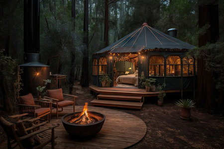 glamping retreat with hot tub and fire pit, surrounded by forest, created with generative aiの素材