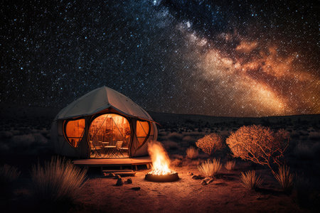 glamping site with bonfire in the background and starry sky above, created with generative aiの素材