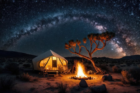 glamping site with bonfire in the background and starry sky above, created with generative aiの素材
