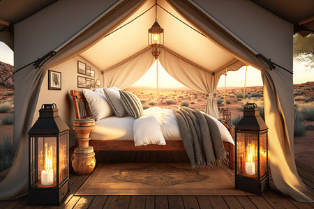 glamping tent with warm and cozy bed, lanterns, and outdoor views, created with generative aiの素材