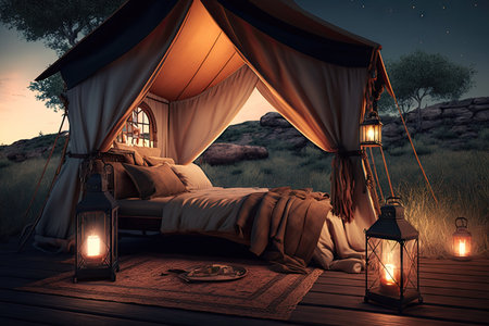 glamping tent with warm and cozy bed, lanterns, and outdoor views, created with generative aiの素材