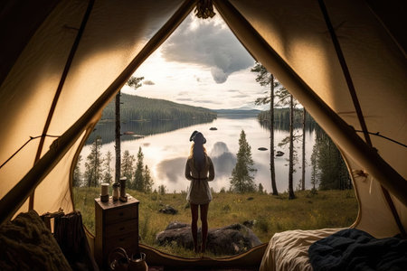 glamping vacationer enjoying the view of a tranquil lake, surrounded by nature, created with generative aiの素材