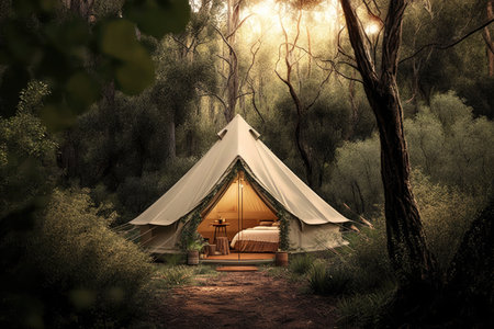 glamping tent, surrounded by lush greenery and natural surroundings, created with generative aiの素材