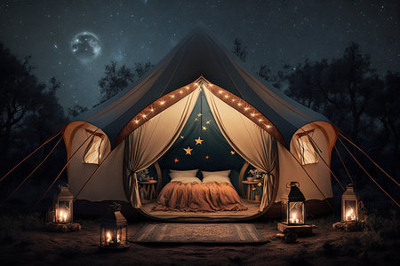 glamping tent with lanterns and cozy blankets on a starry night, created with generative aiの素材