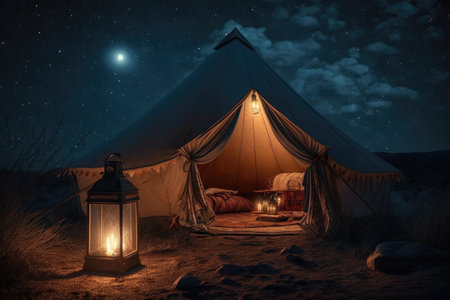 glamping tent with lanterns and cozy blankets on a starry night, created with generative aiの素材