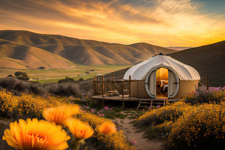 glamping retreat with scenic view of rolling hills and blooming flowers, created with generative aiの素材
