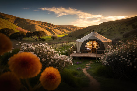 glamping retreat with scenic view of rolling hills and blooming flowers, created with generative aiの素材