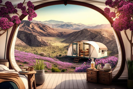 glamping retreat with scenic view of rolling hills and blooming flowers, created with generative aiの素材
