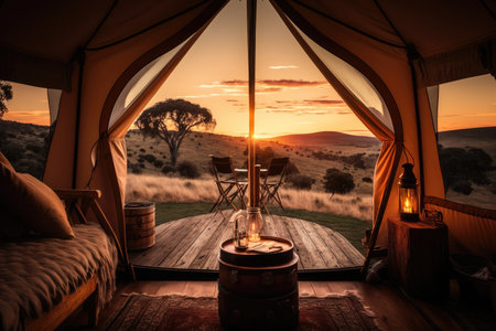 glamping setup with a view of the sunset over rolling hills, created with generative aiの素材