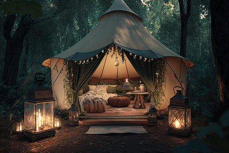 glamping tent with plush carpet and lanterns, surrounded by nature, created with generative aiの素材