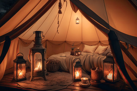 glamping tent with lanterns and warm lighting creating a cozy atmosphere, created with generative aiの素材