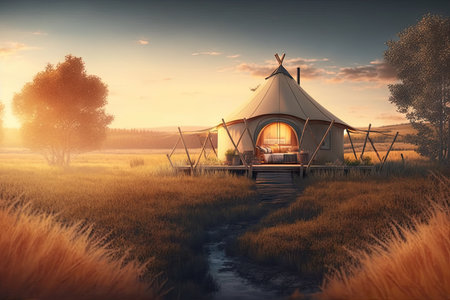 glamping site with serene natural setting and view of the sunrise, created with generative aiの素材