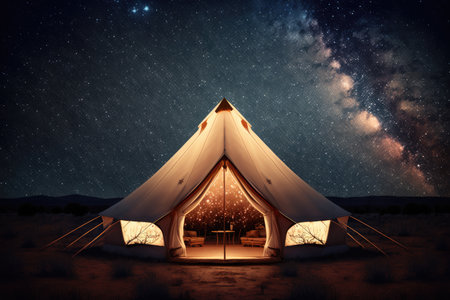 glamping tent with lanterns and warm lighting against starry night sky, created with generative aiの素材