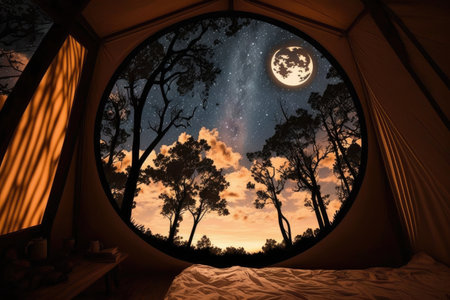 glamping retreat, with view of the stars and moon, surrounded by silhouette of trees, created with generative aiの素材