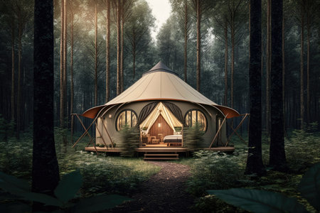 glamping tent in lush, green forest surrounded by towering trees, created with generative aiの素材