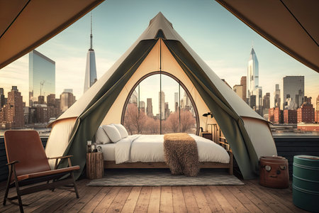 glamping tent with view of city skyline, surrounded by modern architecture, created with generative aiの素材