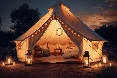 glamping tent with warm lighting and glowing lanterns, created with generative aiの素材