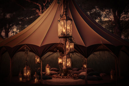 glamping tent with lanterns and chandeliers suspended above, created with generative aiの素材