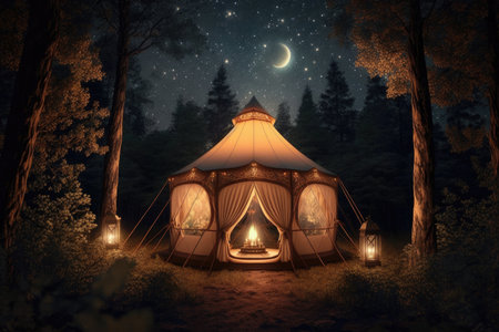 glamping tent, with lanterns and twinkling stars, against backdrop of forest, created with generative aiの素材