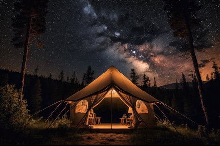 glamping tent with lanterns and view of the stars, surrounded by forest, created with generative aiの素材