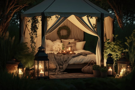 glamping set up with canopy bed and lanterns, surrounded by greenery, created with generative aiの素材
