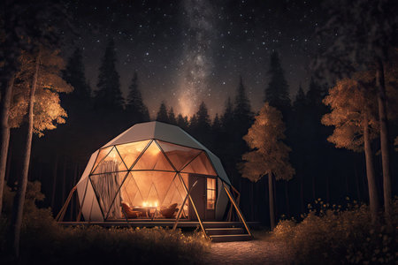 glamping tent with view of the stars, surrounded by forest, created with generative aiの素材