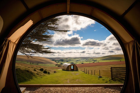 glamping site, with view of rolling hills and clear blue sky, created with generative aiの素材