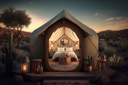 glamping retreat with luxury amenities, including hot tub and in-room massage services, created with generative aiの素材