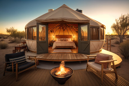glamping retreat with luxury amenities, including hot tub and in-room massage services, created with generative aiの素材