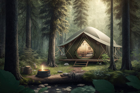 glamping camp in a serene forest with sounds of nature, created with generative aiの素材