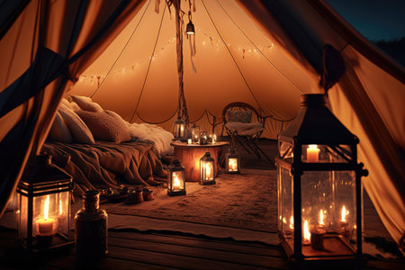 glamping tent with lanterns and candles for a romantic atmosphere, created with generative aiの素材