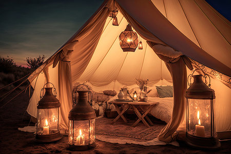 glamping tent with lanterns and candles for a romantic atmosphere, created with generative aiの素材