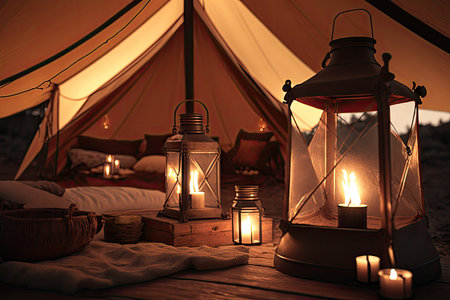 glamping tent with lanterns and candles for a romantic atmosphere, created with generative aiの素材