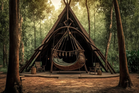 glamping site surrounded by lush green forest, with wooden swings and hammocks, created with generative aiの素材