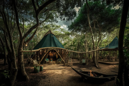 glamping site surrounded by lush green forest, with wooden swings and hammocks, created with generative aiの素材