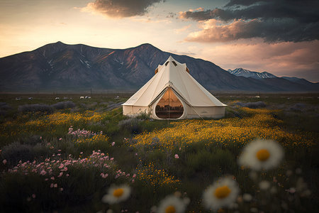 glamping tent in field of wildflowers with mountain range in the background, created with generative aiの素材